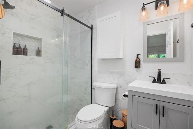 2811 Via Topacio, Carlsbad, CA 92010 - full bathroom with vanity, a marble finish shower, and tile walls