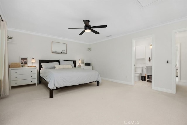 2811 Via Topacio, Carlsbad, CA 92010 - bedroom with light colored carpet, crown molding, ensuite bathroom, and a ceiling fan
