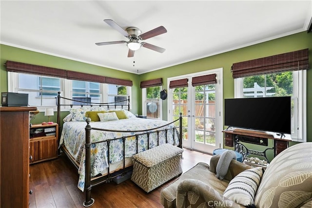 7604 Forest Ave, Whittier, CA 90602 - bedroom with access to exterior, multiple windows, wood finished floors, ornamental molding, and a ceiling fan