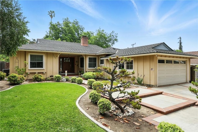 7604 Forest Ave, Whittier, CA 90602 - ranch-style house with board and batten siding, a chimney, an attached garage, and concrete driveway