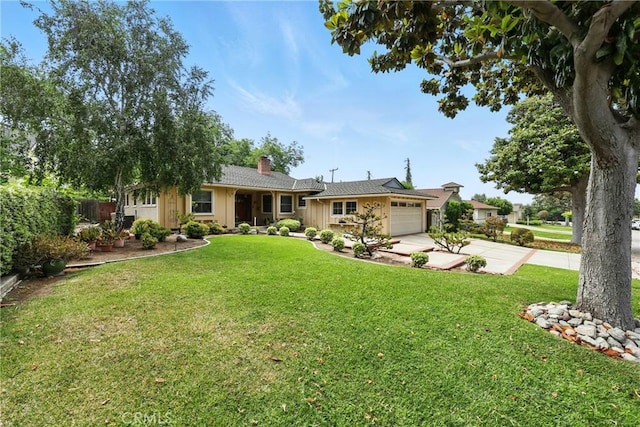 7604 Forest Ave, Whittier, CA 90602 - view of front of house with driveway, a garage, a chimney, and a front yard