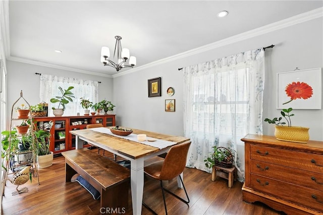7604 Forest Ave, Whittier, CA 90602 - dining area with a chandelier, hardwood / wood-style flooring, crown molding, and recessed lighting