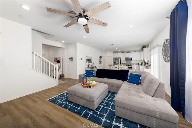 10757 Morgan Ct, Hesperia, CA 92345 - living room featuring ceiling fan, light wood finished floors, stairs, and recessed lighting