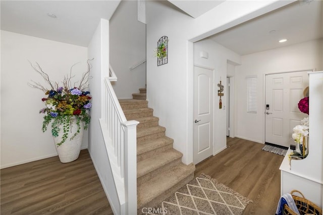 10757 Morgan Ct, Hesperia, CA 92345 - foyer featuring wood finished floors, stairway, and recessed lighting