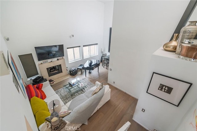 432 S Hamel Rd Unit 302, Los Angeles, CA 90048 - living room featuring a towering ceiling, wood finished floors, and a premium fireplace