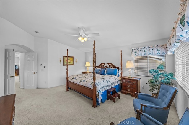 20865 Westbury Rd, Riverside, CA 92508 - carpeted bedroom featuring vaulted ceiling, arched walkways, and a ceiling fan
