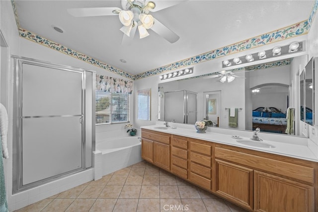 20865 Westbury Rd, Riverside, CA 92508 - ensuite bathroom featuring a ceiling fan, a garden tub, a stall shower, double vanity, and tile patterned floors