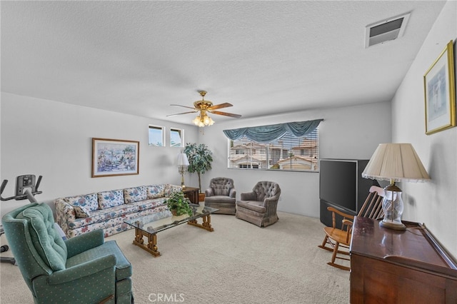 20865 Westbury Rd, Riverside, CA 92508 - carpeted living area featuring a textured ceiling and ceiling fan