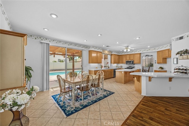 20865 Westbury Rd, Riverside, CA 92508 - dining room with light tile patterned flooring, a ceiling fan, and recessed lighting