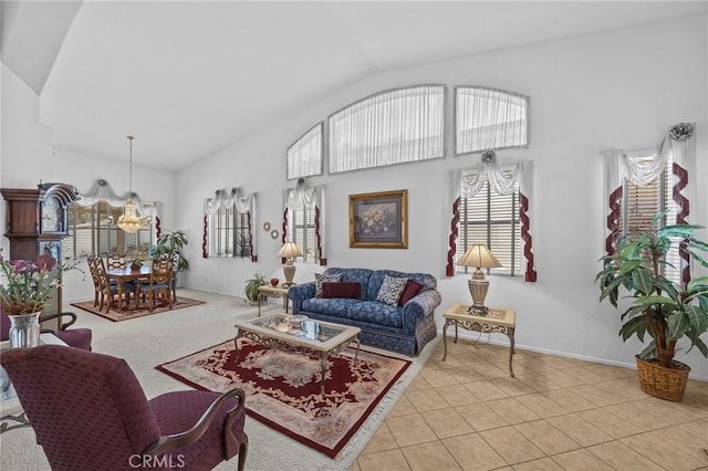 20865 Westbury Rd, Riverside, CA 92508 - tiled living area featuring a chandelier and high vaulted ceiling