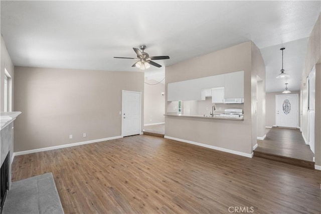 4633 Dowel Ave, Palmdale, CA 93552 - unfurnished living room featuring wood finished floors, ceiling fan, and a fireplace