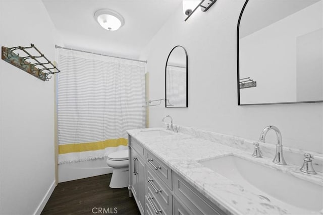 1066 Maple St, Arroyo Grande, CA 93420 - full bathroom with double vanity, shower / bath combo, and wood finished floors