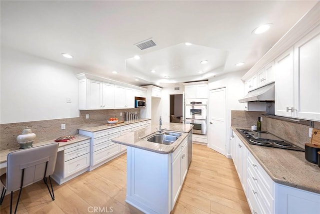 11 Montpellier Unit 22, Newport Beach, CA 92660 - kitchen featuring appliances with stainless steel finishes, under cabinet range hood, recessed lighting, backsplash, and light wood-style floors