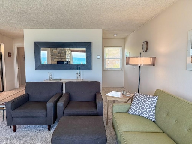 557 Lucerne St, Cayucos, CA 93430 - carpeted living room featuring a textured ceiling