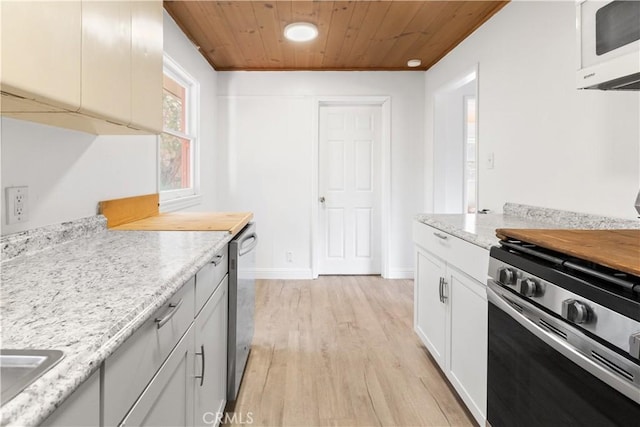 1777 Sparrow Rd, Wrightwood, CA 92397 - kitchen featuring appliances with stainless steel finishes, wood ceiling, light wood-style flooring, white cabinets, and recessed lighting