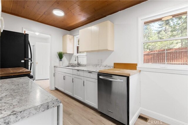 1777 Sparrow Rd, Wrightwood, CA 92397 - kitchen featuring stainless steel dishwasher, wood ceiling, freestanding refrigerator, light countertops, and light wood-style flooring