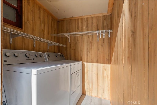 1777 Sparrow Rd, Wrightwood, CA 92397 - washroom featuring washing machine and clothes dryer and wood walls
