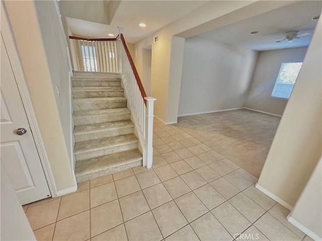 3642 Neola Way, Lancaster, CA 93536 - stairs featuring carpet, tile patterned flooring, a ceiling fan, and recessed lighting