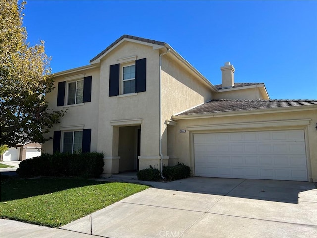 3642 Neola Way, Lancaster, CA 93536 - traditional-style home featuring stucco siding, driveway, a garage, and a chimney
