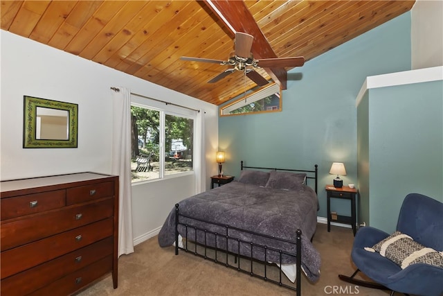 31449 Onacrest Dr, Running Springs, CA 92382 - carpeted bedroom featuring wooden ceiling, lofted ceiling, and a ceiling fan