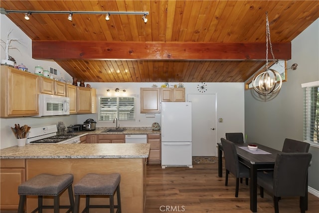 31449 Onacrest Dr, Running Springs, CA 92382 - kitchen with white appliances, rail lighting, a peninsula, dark wood-style floors, and wooden ceiling