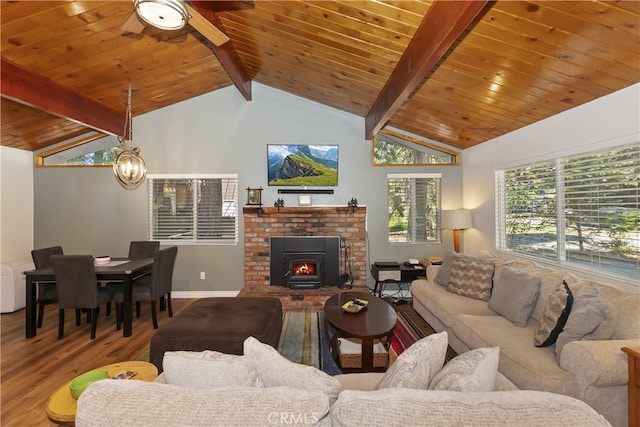 31449 Onacrest Dr, Running Springs, CA 92382 - living room with wood finished floors, ceiling fan, wood ceiling, and a fireplace