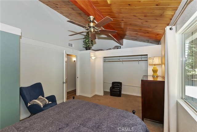 31449 Onacrest Dr, Running Springs, CA 92382 - carpeted bedroom with wood ceiling, a closet, and a ceiling fan