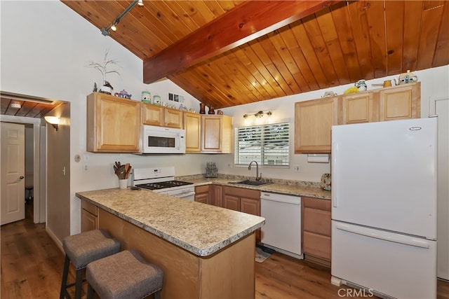 31449 Onacrest Dr, Running Springs, CA 92382 - kitchen featuring white appliances, wooden ceiling, dark wood finished floors, light brown cabinetry, and light countertops