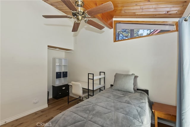 31449 Onacrest Dr, Running Springs, CA 92382 - bedroom with wood finished floors, wooden ceiling, lofted ceiling, and a ceiling fan