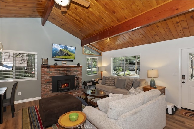31449 Onacrest Dr, Running Springs, CA 92382 - living area featuring ceiling fan, wood finished floors, wooden ceiling, and a brick fireplace