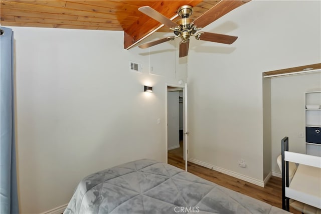 31449 Onacrest Dr, Running Springs, CA 92382 - bedroom with wood finished floors, wooden ceiling, and a ceiling fan