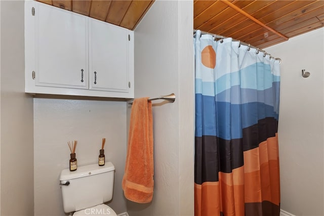 31449 Onacrest Dr, Running Springs, CA 92382 - full bathroom with wood ceiling and a shower with shower curtain