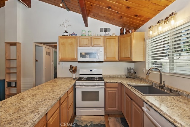 31449 Onacrest Dr, Running Springs, CA 92382 - kitchen featuring white appliances, wooden ceiling, wood finished floors, and light stone countertops
