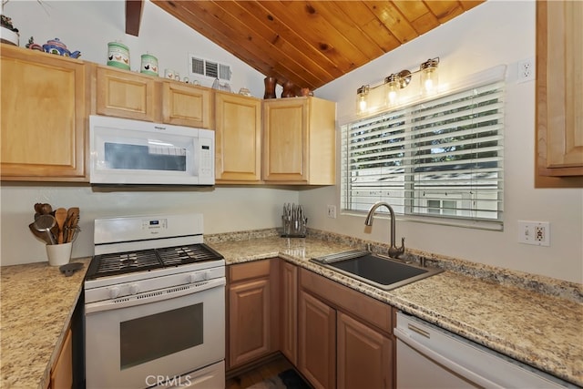 31449 Onacrest Dr, Running Springs, CA 92382 - kitchen with white appliances, lofted ceiling, wooden ceiling, and light brown cabinetry