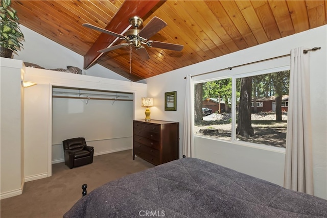 31449 Onacrest Dr, Running Springs, CA 92382 - bedroom featuring wood ceiling, carpet flooring, and ceiling fan