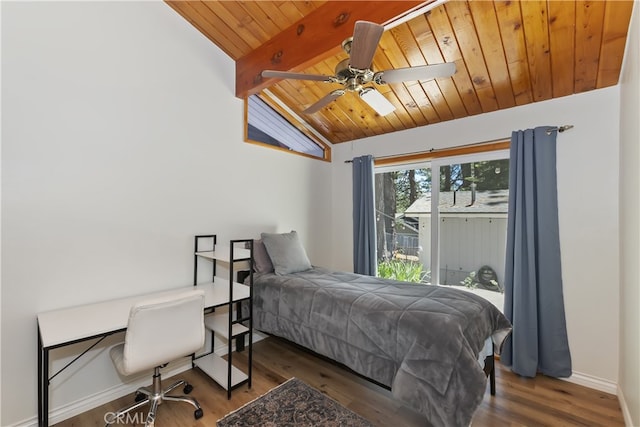 31449 Onacrest Dr, Running Springs, CA 92382 - bedroom with wooden ceiling, wood finished floors, access to exterior, a desk, and ceiling fan