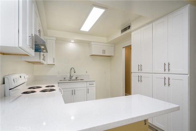 1881 Mitchell Ave Unit 8, Tustin, CA 92780 - kitchen featuring white range with electric stovetop, exhaust hood, white cabinets, a peninsula, and light stone countertops