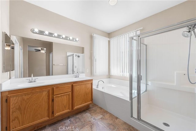 38181 Silver Ct, Palmdale, CA 93552 - full bathroom featuring a stall shower, a bath, double vanity, and a ceiling fan