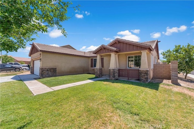 38181 Silver Ct, Palmdale, CA 93552 - view of front of property with stone siding, an attached garage, a front lawn, and stucco siding