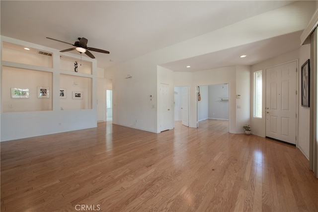 29427 Bentcreek Ct, Menifee, CA 92584 - unfurnished living room with a ceiling fan, light wood finished floors, and recessed lighting