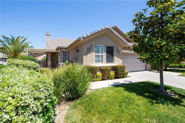 29427 Bentcreek Ct, Menifee, CA 92584 - ranch-style house featuring concrete driveway, stucco siding, a chimney, a tile roof, and a front yard