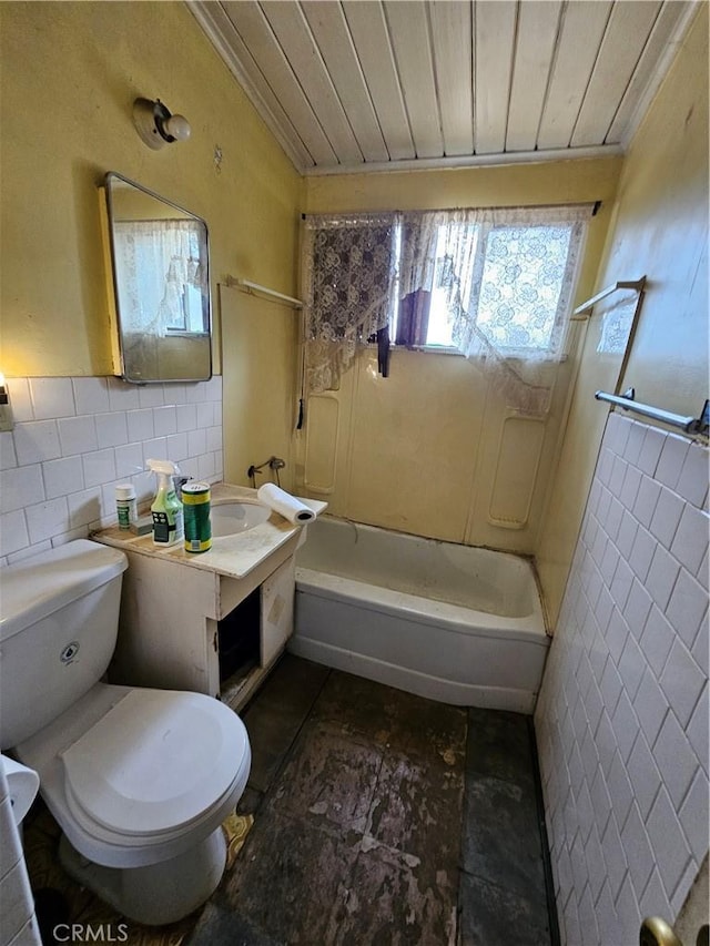 8423 Mammoth Ave, Panorama City, CA 91402 - bathroom with tile walls, vanity,  shower combination, wood ceiling, and a wainscoted wall