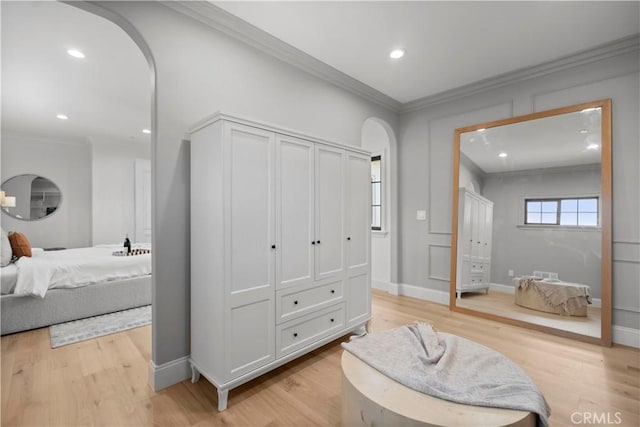 1935 S 6th Ave, Arcadia, CA 91006 - bedroom with arched walkways, light wood-type flooring, crown molding, and recessed lighting