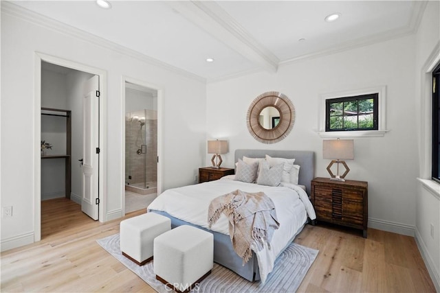 1935 S 6th Ave, Arcadia, CA 91006 - bedroom featuring crown molding, light wood-style floors, recessed lighting, beamed ceiling, and ensuite bath