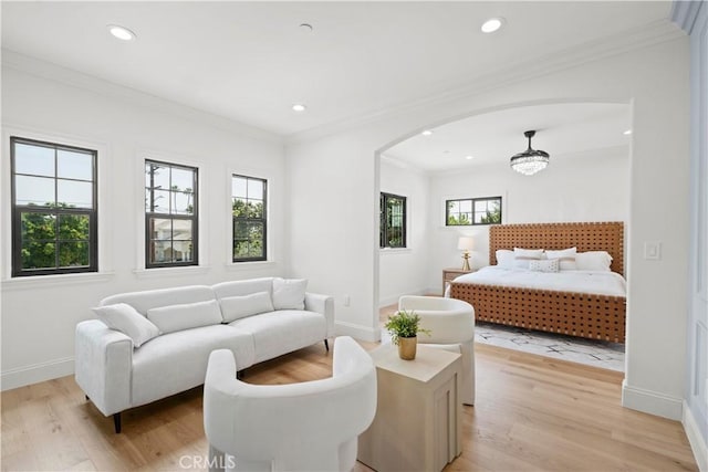 1935 S 6th Ave, Arcadia, CA 91006 - bedroom featuring light wood-style flooring, arched walkways, crown molding, and recessed lighting