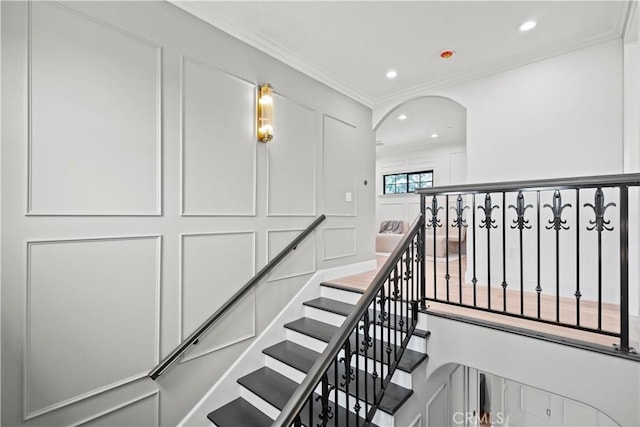 1935 S 6th Ave, Arcadia, CA 91006 - stairs with crown molding, arched walkways, and recessed lighting
