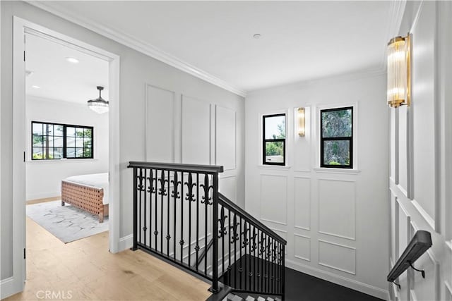 1935 S 6th Ave, Arcadia, CA 91006 - hallway with an upstairs landing, ornamental molding, wood finished floors, and recessed lighting