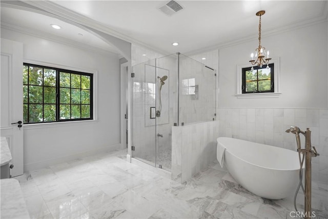 1935 S 6th Ave, Arcadia, CA 91006 - bathroom with a freestanding bath, a stall shower, marble finish floors, a chandelier, and ornamental molding