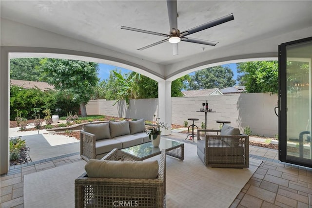 1935 S 6th Ave, Arcadia, CA 91006 - fenced backyard featuring outdoor lounge area, a patio, and a ceiling fan
