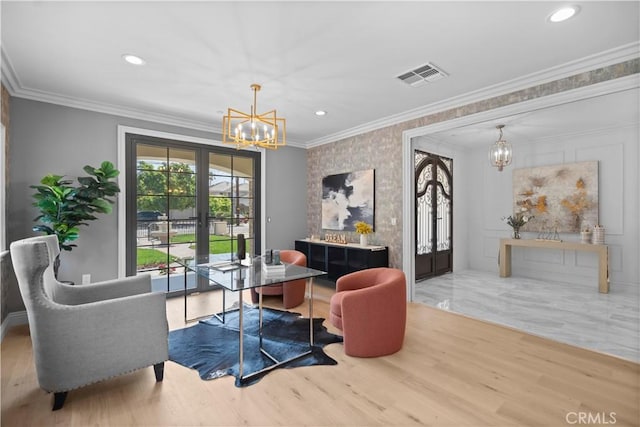1935 S 6th Ave, Arcadia, CA 91006 - living area featuring a chandelier, crown molding, recessed lighting, wood finished floors, and an office area